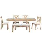 Table à manger extensible de 82 pouces à 6 places avec repose-pieds, 4 chaises de salle à manger rembourrées, banc, deux rallonges amovibles de 11 pouces, coussin beige