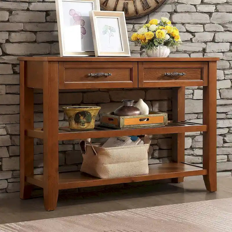 Table console de canapé avec 2 tiroirs de rangement et 2 étagères à niveaux, buffet en bois de 42 pouces pour salon, cuisine, entrée, couloir