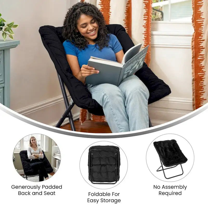 Fauteuil soucoupe surdimensionné pliable en fausse fourrure avec cadre en acier - S.O.