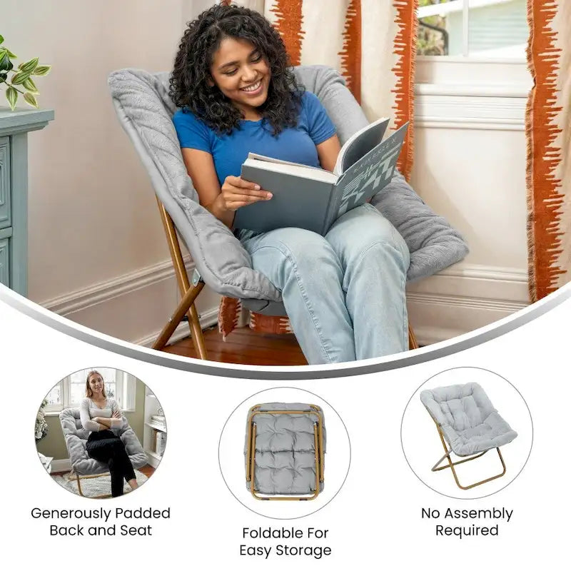 Fauteuil soucoupe surdimensionné pliable en fausse fourrure avec cadre en acier - S.O.