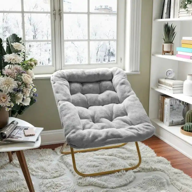 Fauteuil soucoupe surdimensionné pliable en fausse fourrure avec cadre en acier - S.O.