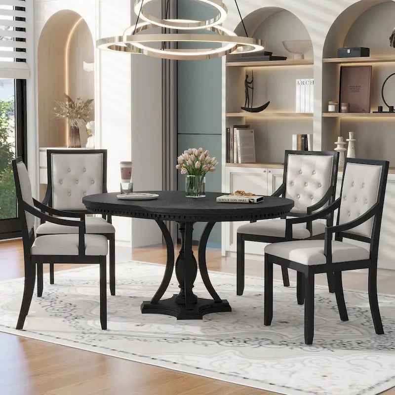 Retro 5-piece Dining Set Extendable Round Table and 4 Chairs for Kitchen Dining Room