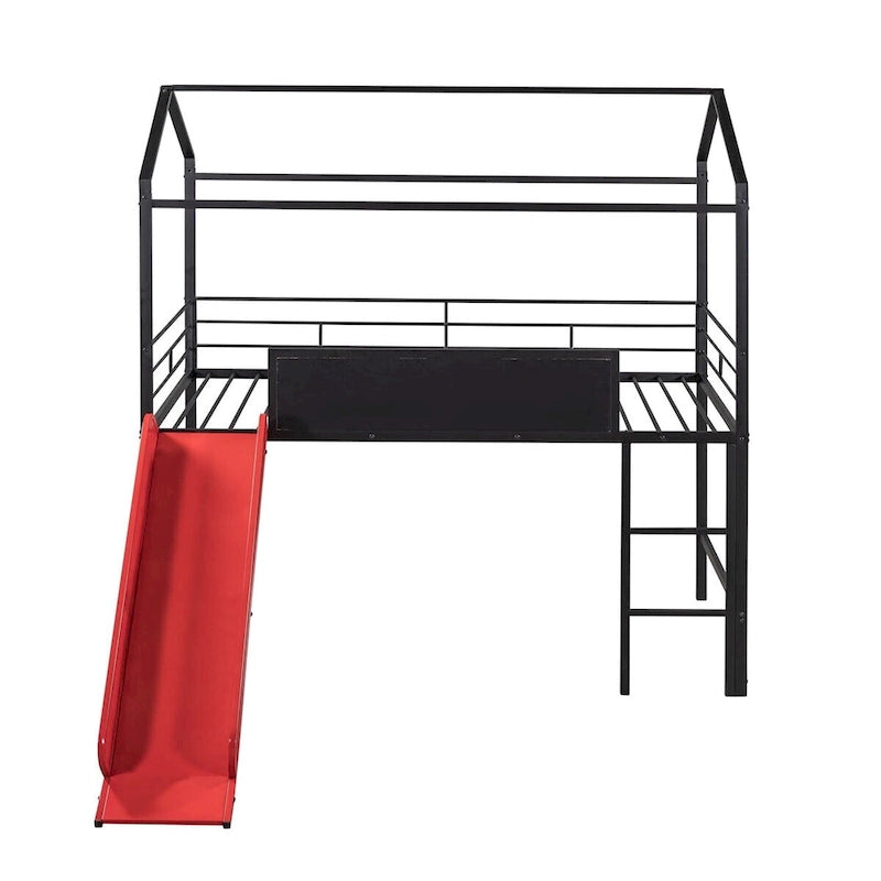 Merax Lit mezzanine cabane double en métal avec tableau en bois inscriptible sur deux faces, toboggan