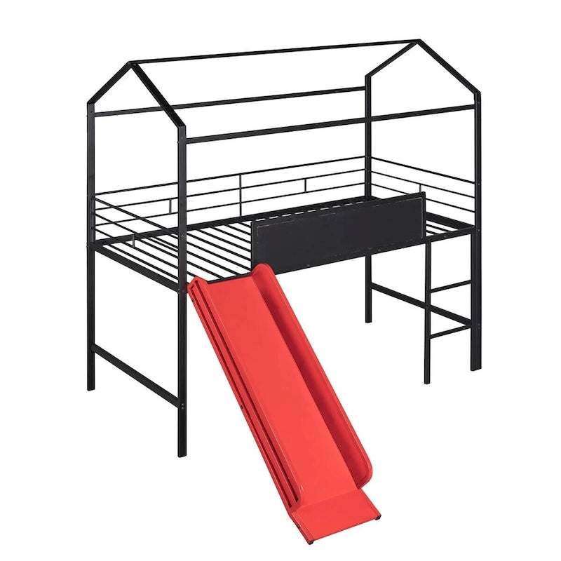 Merax Lit mezzanine cabane double en métal avec tableau en bois inscriptible sur deux faces, toboggan
