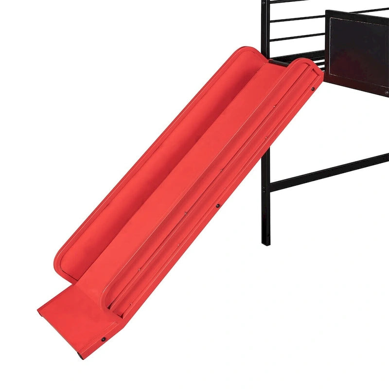 Merax Lit mezzanine cabane double en métal avec tableau en bois inscriptible sur deux faces, toboggan