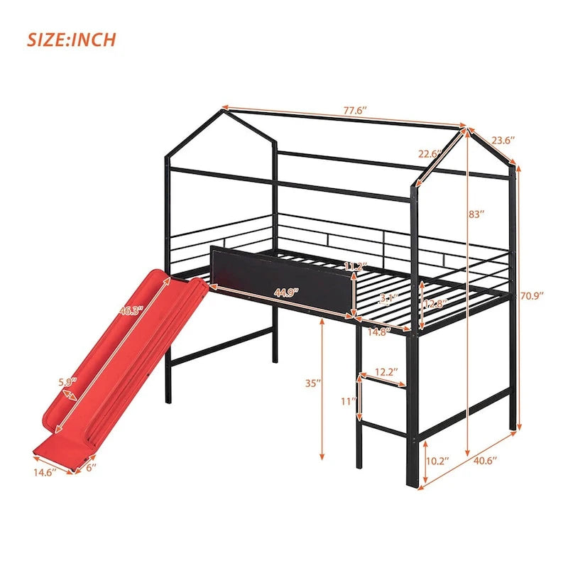 Merax Lit mezzanine cabane double en métal avec tableau en bois inscriptible sur deux faces, toboggan