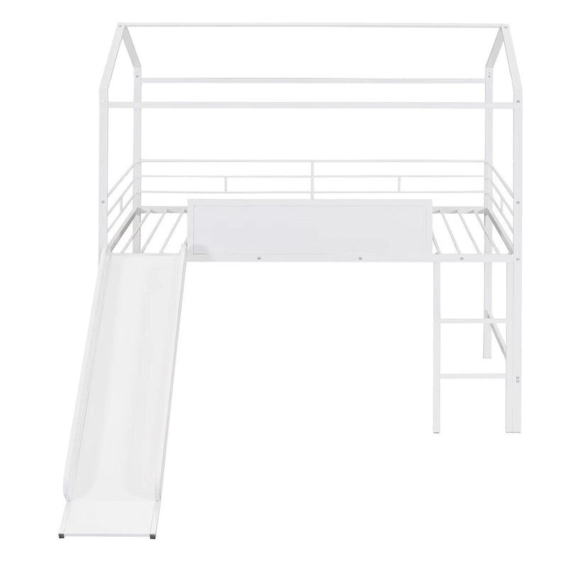 Merax Lit mezzanine cabane double en métal avec tableau en bois inscriptible sur deux faces, toboggan