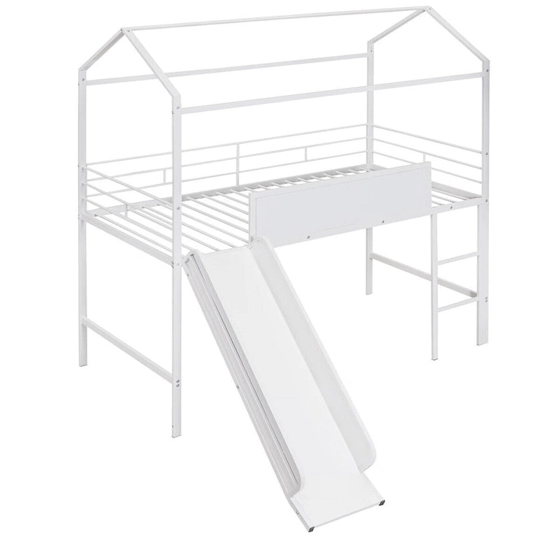 Merax Lit mezzanine cabane double en métal avec tableau en bois inscriptible sur deux faces, toboggan