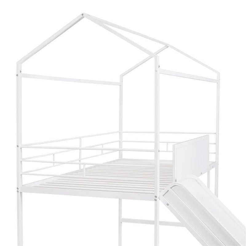 Merax Lit mezzanine cabane double en métal avec tableau en bois inscriptible sur deux faces, toboggan
