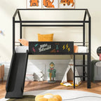 Merax Lit mezzanine cabane double en métal avec tableau en bois inscriptible sur deux faces, toboggan