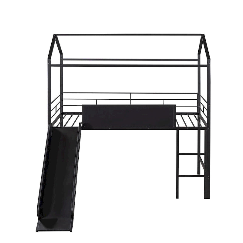 Merax Lit mezzanine cabane double en métal avec tableau en bois inscriptible sur deux faces, toboggan