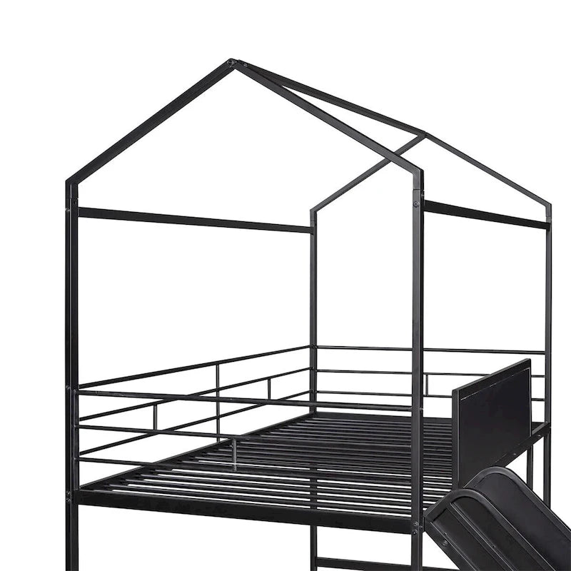Merax Lit mezzanine cabane double en métal avec tableau en bois inscriptible sur deux faces, toboggan
