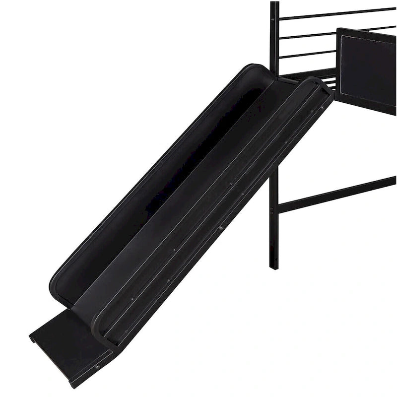 Merax Lit mezzanine cabane double en métal avec tableau en bois inscriptible sur deux faces, toboggan