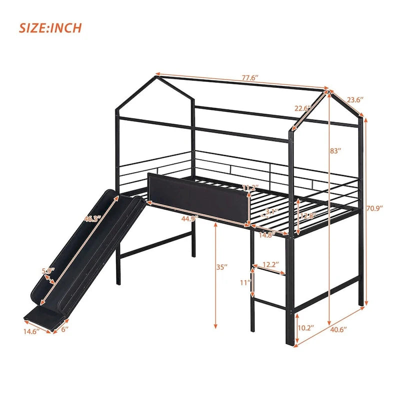 Merax Lit mezzanine cabane double en métal avec tableau en bois inscriptible sur deux faces, toboggan