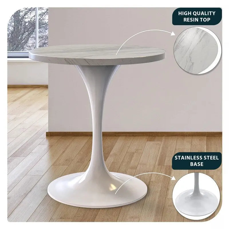Table de salle à manger ronde LeisureMod Verve avec plateau en résine blanche et base en acier blanc pour cuisine et salle à manger