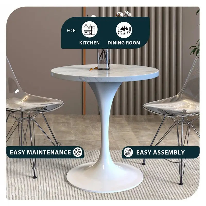 Table de salle à manger ronde LeisureMod Verve avec plateau en résine blanche et base en acier blanc pour cuisine et salle à manger