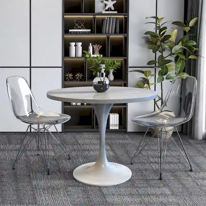 Table de salle à manger ronde LeisureMod Verve avec plateau en résine blanche et base en acier blanc pour cuisine et salle à manger