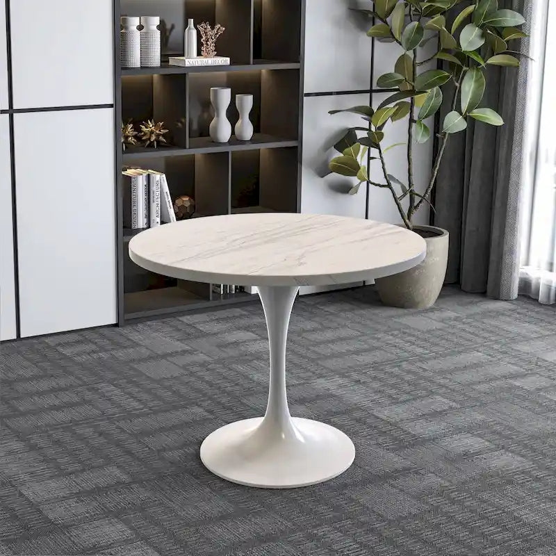 Table de salle à manger ronde LeisureMod Verve avec plateau en résine blanche et base en acier blanc pour cuisine et salle à manger