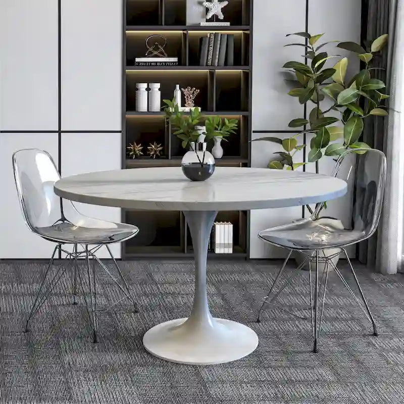 Table de salle à manger ronde LeisureMod Verve avec plateau en résine blanche et base en acier blanc pour cuisine et salle à manger