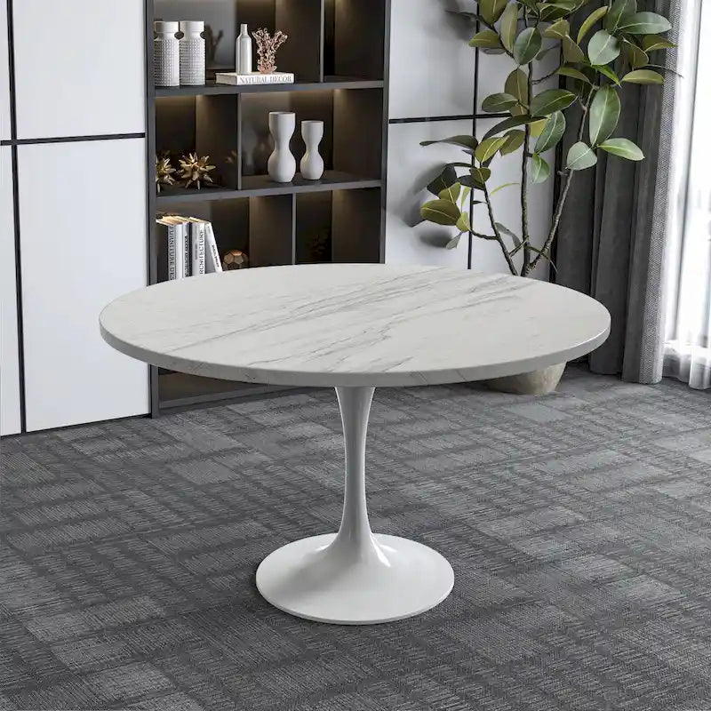Table de salle à manger ronde LeisureMod Verve avec plateau en résine blanche et base en acier blanc pour cuisine et salle à manger