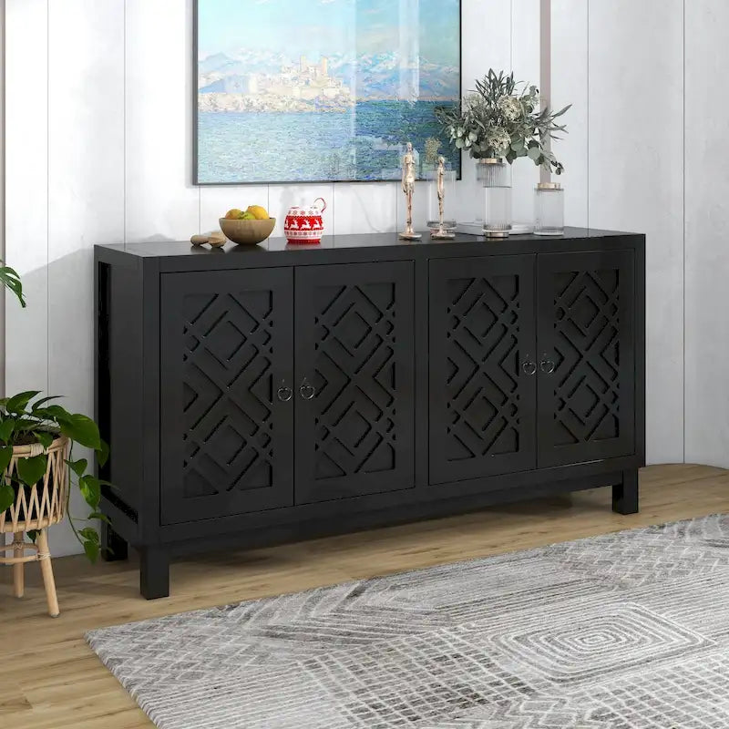 Meuble d'appoint spacieux, buffet 4 portes avec poignées anneaux - N/A