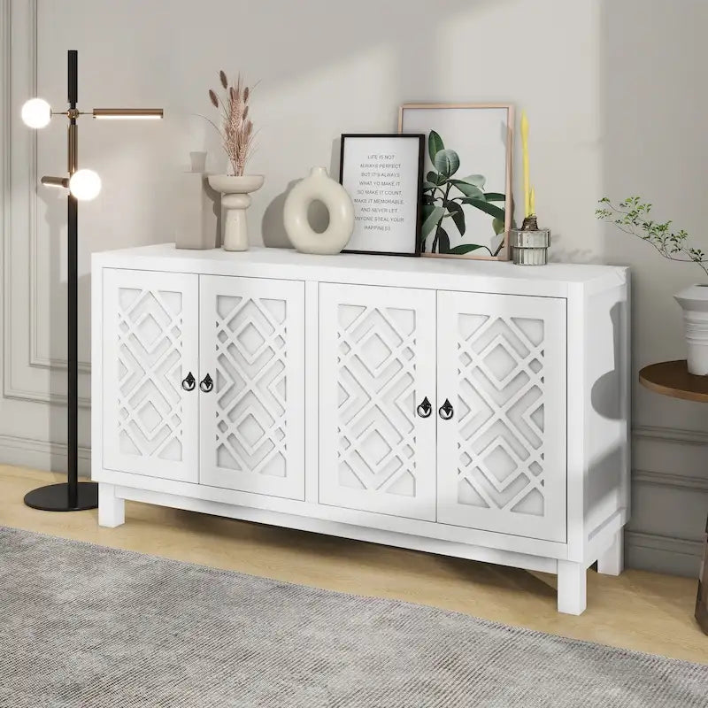 Meuble d'appoint spacieux, buffet 4 portes avec poignées anneaux - N/A