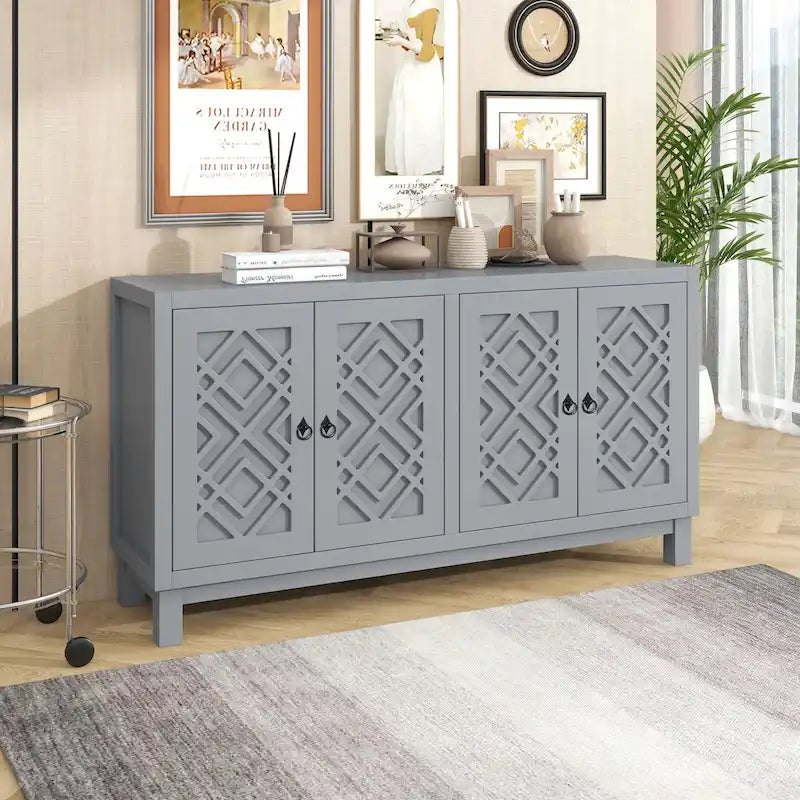 Meuble d'appoint spacieux, buffet 4 portes avec poignées anneaux - N/A