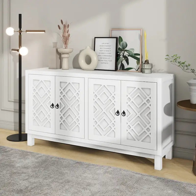 Meuble d'appoint spacieux, buffet 4 portes avec poignées anneaux - N/A