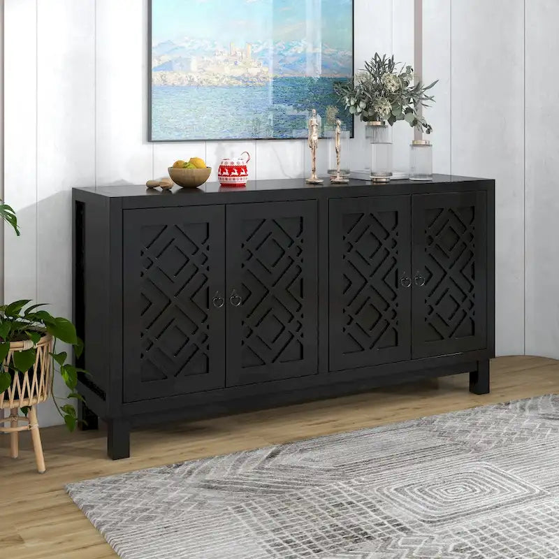 Meuble d'appoint spacieux, buffet 4 portes avec poignées anneaux - N/A