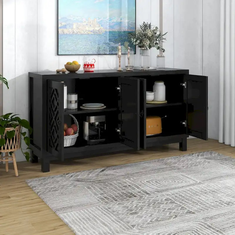 Meuble d'appoint spacieux, buffet 4 portes avec poignées anneaux - N/A