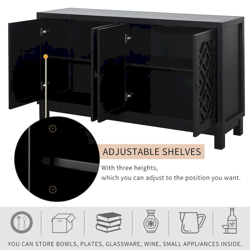 Meuble d'appoint spacieux, buffet 4 portes avec poignées anneaux - N/A