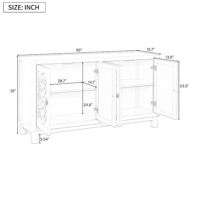 Meuble d'appoint spacieux, buffet 4 portes avec poignées anneaux - N/A