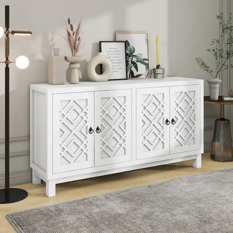 Meuble d'appoint spacieux, buffet 4 portes avec poignées anneaux - N/A
