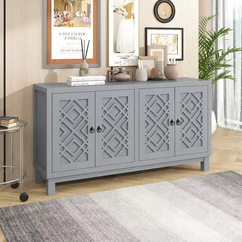 Meuble d'appoint spacieux, buffet 4 portes avec poignées anneaux - N/A