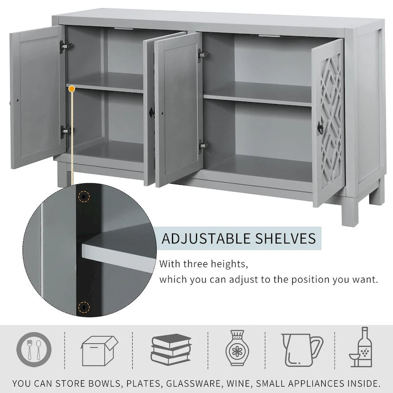Meuble d'appoint spacieux, buffet 4 portes avec poignées anneaux - N/A