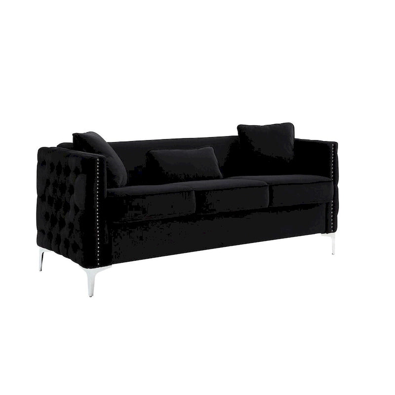 Canapé moderne Joel de 73 pouces avec 3 oreillers, velours capitonné noir, pieds argentés