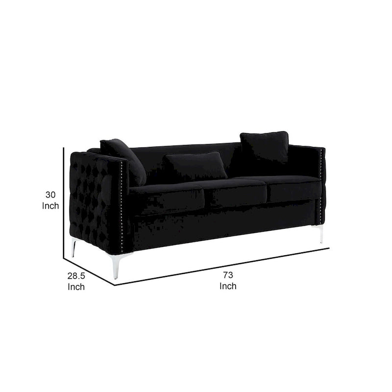 Canapé moderne Joel de 73 pouces avec 3 oreillers, velours capitonné noir, pieds argentés
