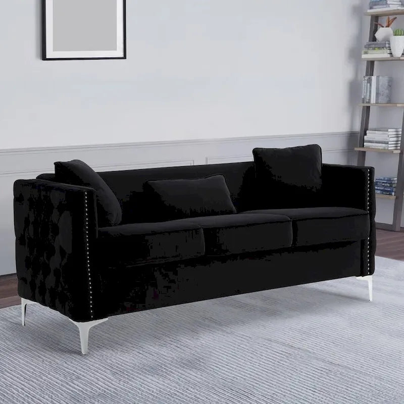 Canapé moderne Joel de 73 pouces avec 3 oreillers, velours capitonné noir, pieds argentés