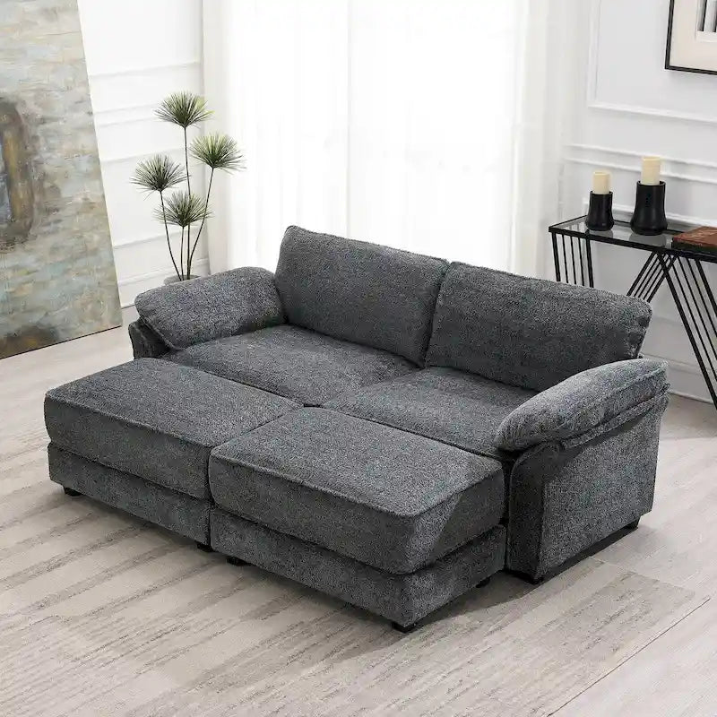 Canapé modulable convertible 4 places rembourré avec méridienne et pouf, profondeur d'assise, gris