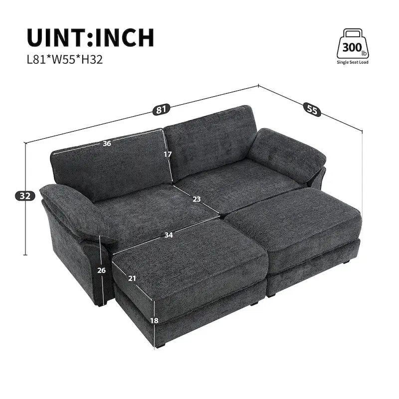 Canapé modulable convertible 4 places rembourré avec méridienne et pouf, profondeur d'assise, gris