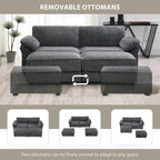 Canapé modulable convertible 4 places rembourré avec méridienne et pouf, profondeur d'assise, gris
