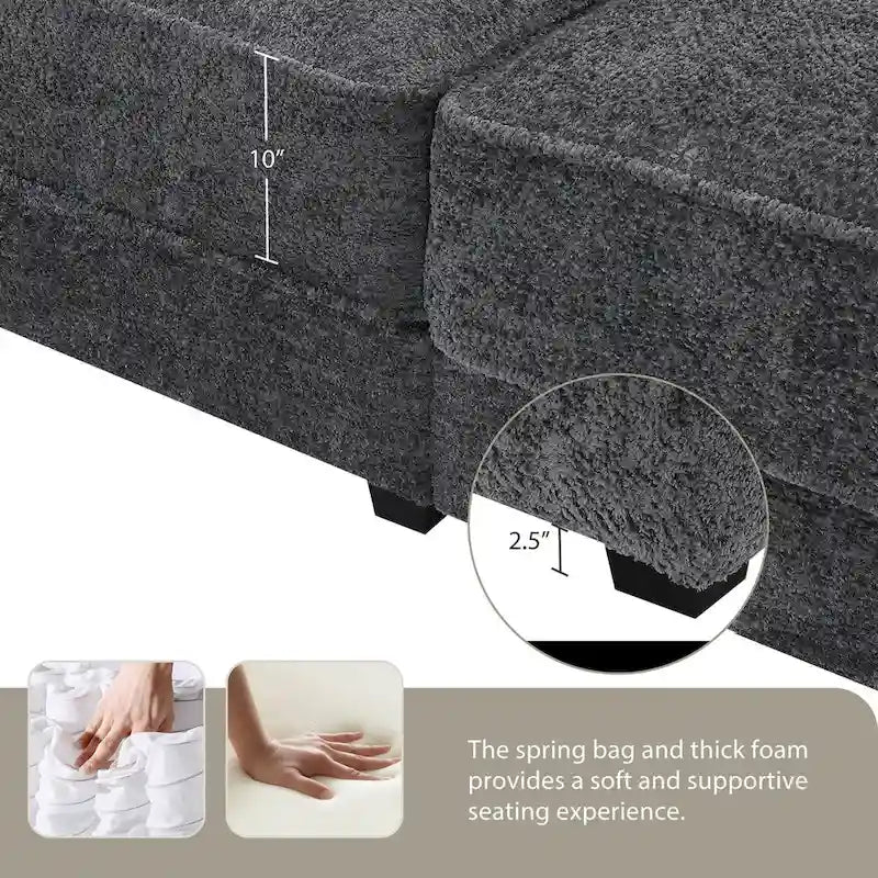 Canapé modulable convertible 4 places rembourré avec méridienne et pouf, profondeur d'assise, gris