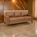 Stark 77 Inch Sofa, Brown Faux Leather, Track Style Arms, Solid Wood Frame