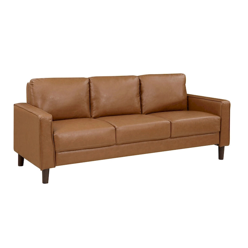 Canapé Stark 77 pouces, similicuir marron, accoudoirs droits, cadre en bois massif