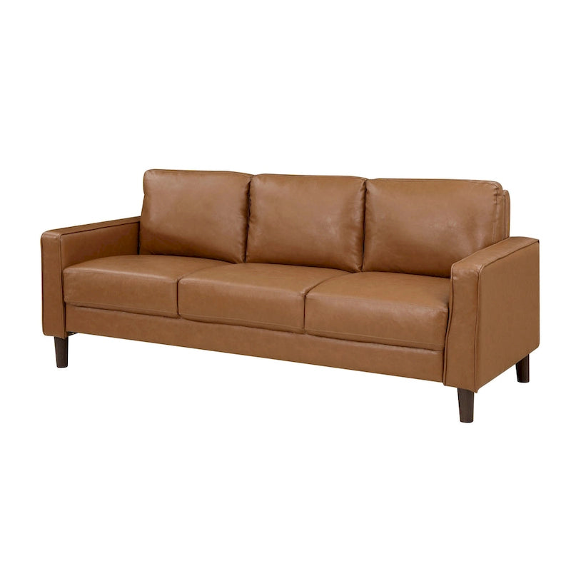 Canapé Stark 77 pouces, similicuir marron, accoudoirs droits, cadre en bois massif