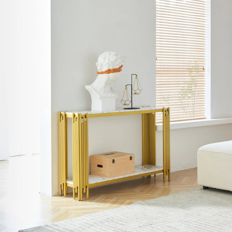 Console en faux marbre à 2 niveaux, table de canapé de salon, console étroite moderne pour entrée, table d'entrée de couloir