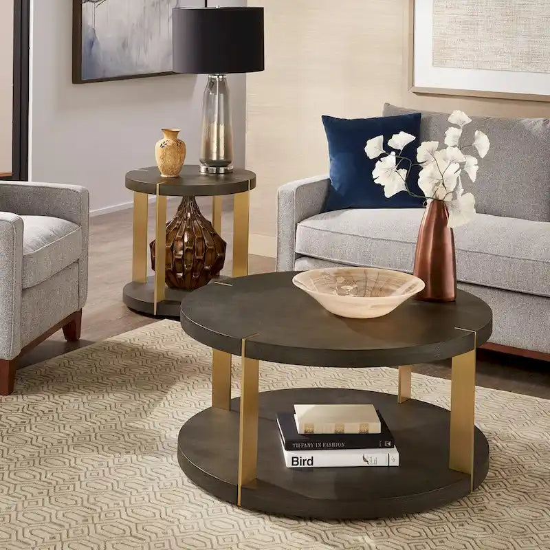 Ensemble de tables basses rondes Vennesla en métal doré et similicuir couleur brun foncé par iNSPIRE Q Bold