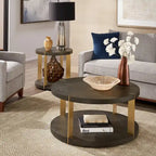 Ensemble de tables basses rondes Vennesla en métal doré et similicuir couleur brun foncé par iNSPIRE Q Bold