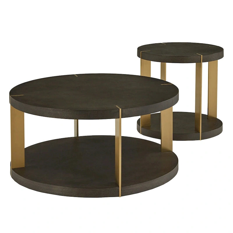 Ensemble de tables basses rondes Vennesla en métal doré et similicuir couleur brun foncé par iNSPIRE Q Bold