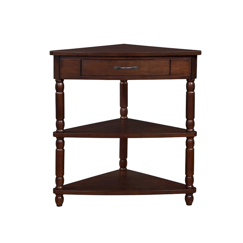 33.8Petite table d'angle triangulaire, table d'appoint en bois pour petits espaces de salon, table d'angle à 3 niveaux avec pieds en bois massif